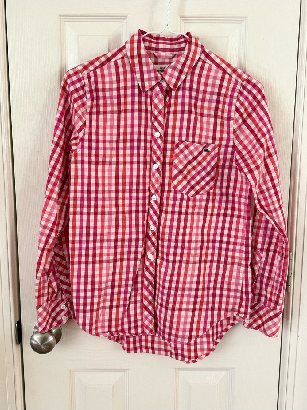 Vineyard Vines Size 00 Pink Red Gingham Cashmere Blend Button Down Shirt